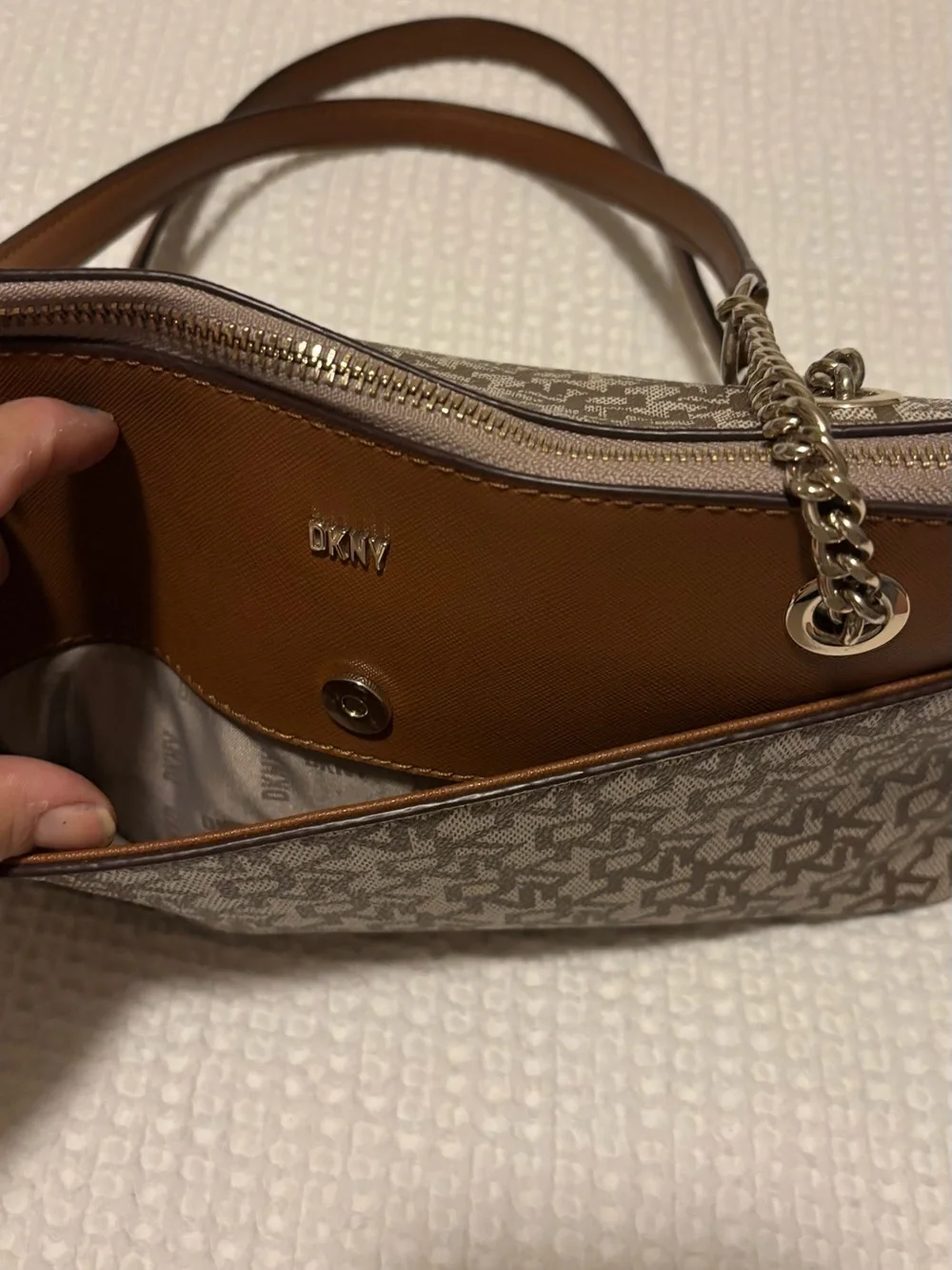 DKNY Brown Tan Monogram Chain-Handle Shoulder Bag
